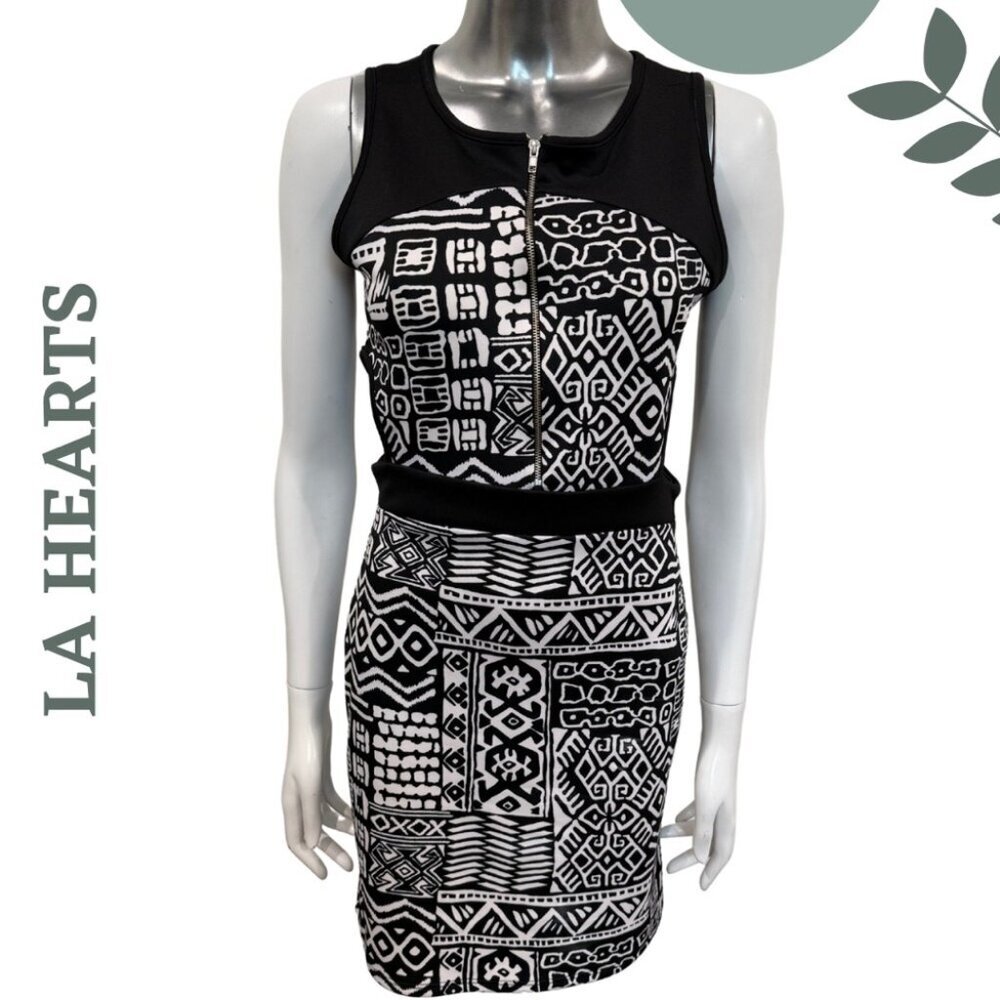LA Hearts Tribal Print Cutout Bodycon Dress Black White Geometric Print | Large